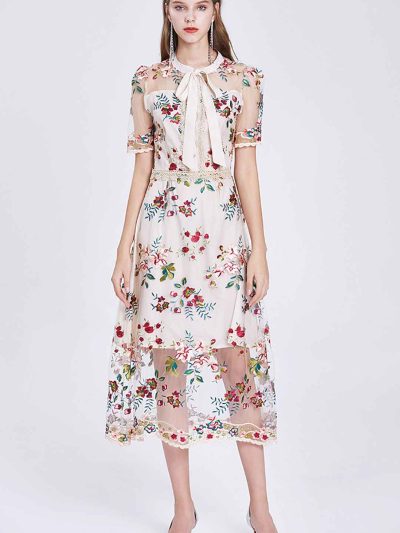 White Apricot and Midnight Flower Vintage Embroidered Midi Dress