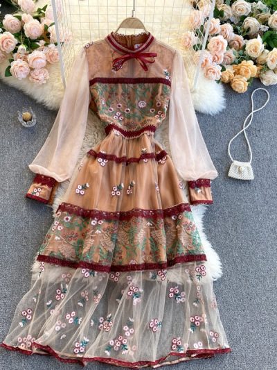 Arabella Angel in Pink Gold Embroidered Midi Dress