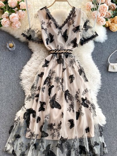 Embroidered Magnolia Black Butterfly Boho Midi Dress