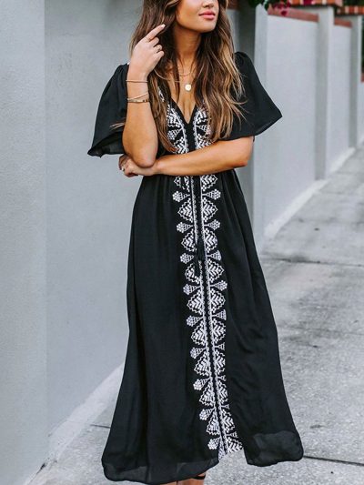Holly in Black Embroidered Maxi Dress