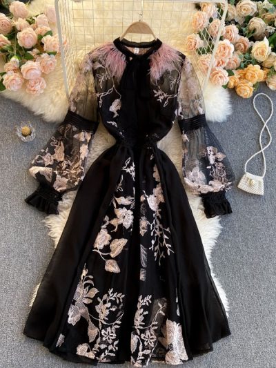 Magnolia Feather In Black Bohemian Embroidered Midi Dress