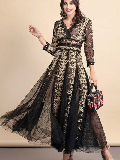 Magnolia In Black Midnight Embroidered Maxi Dress