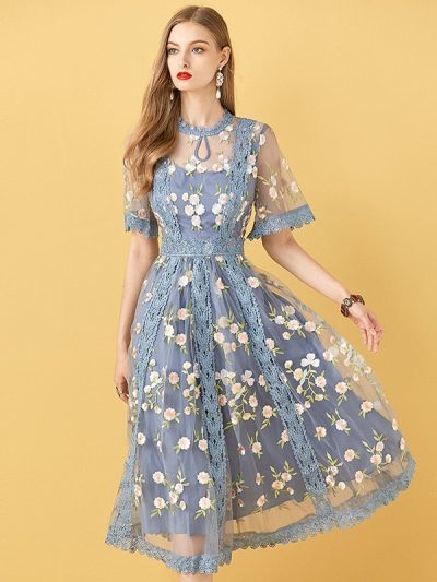 Vintage Magnolia in Blue Cerulean Embroidered Midi Dress