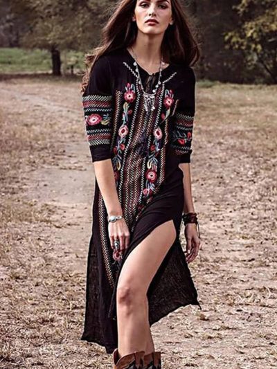 Sage in Black Embroidered Midi Dress