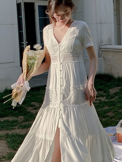 Victoria White Lace Embroidered Maxi Dress