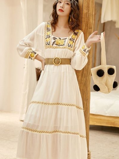 Vintage Gown in White Embroidered Midi Dress