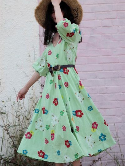 Vintage Green Garden Vintage Embroidered Midi Dress